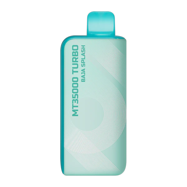 Turquoise vape device with 'MT35000 Turbo Baja Splash' text on a white background