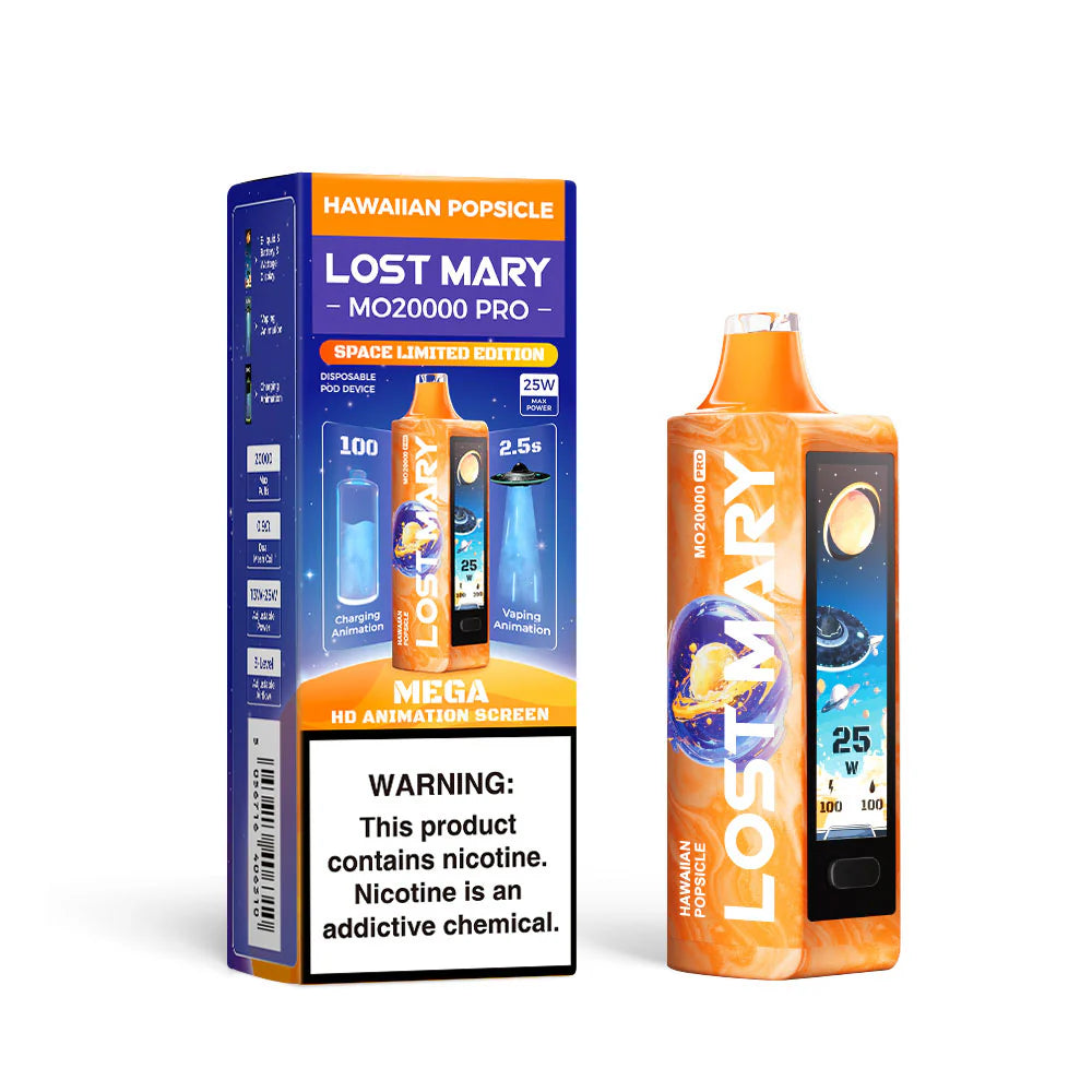Lost Mary vaping device and packaging on a white background