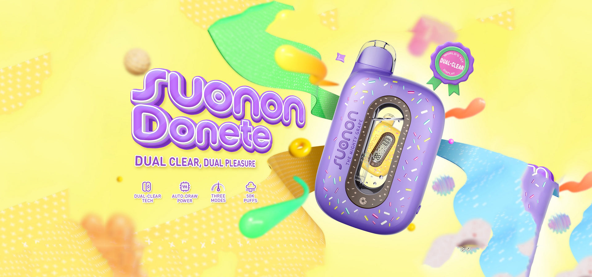Purple vape with colorful design on a yellow background, featuring the brand 'Suwon Donuts'.