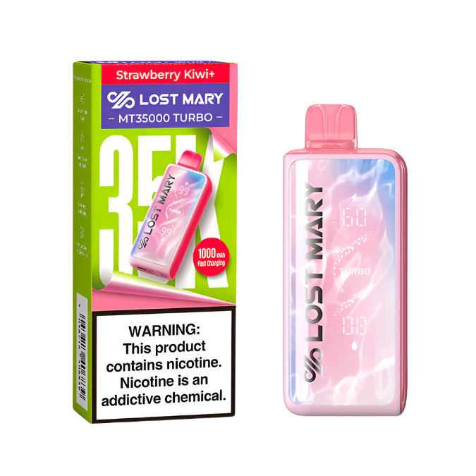 Lost Mary vape device and packaging with strawberry kiwi flavor on a white background